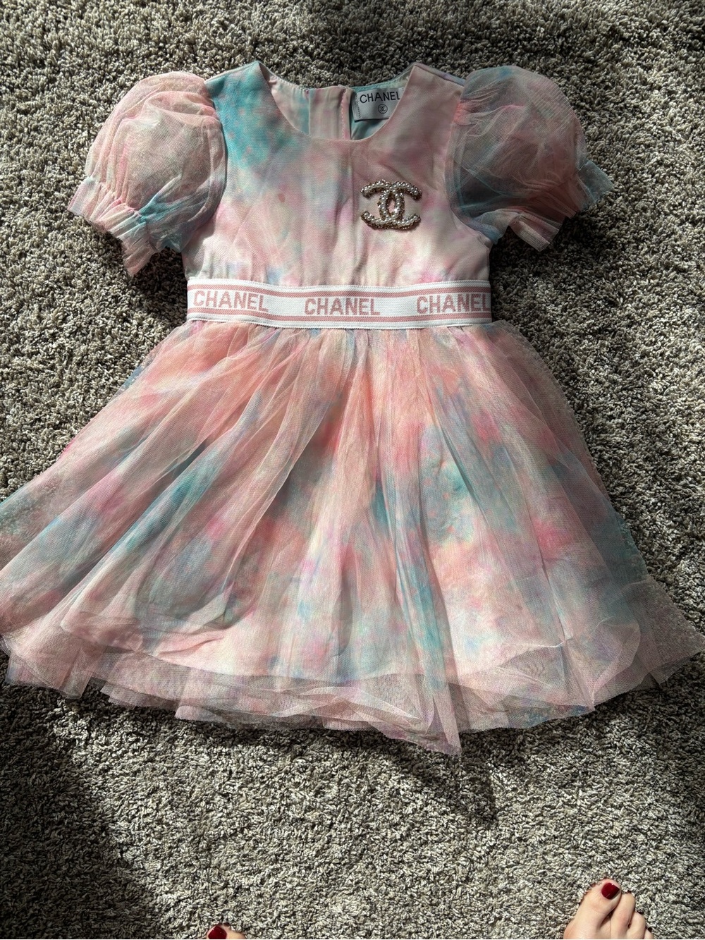CHANEL Pastel Pink Blue Cream Tulle Dress with CC Brooch. Not original Chanel .